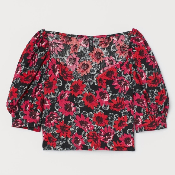 NWOT H&M S Y2K Romantic Coquette Milkmaid Boho Dark Floral Puff Sleeve Crop Top - Picture 2 of 15